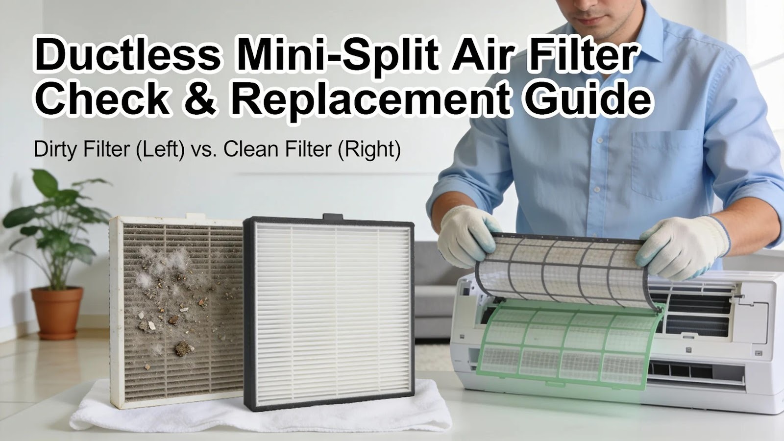 Visual guide to checking and replacing air filters in a ductless mini-split system, demonstrating essential maintenance tasks