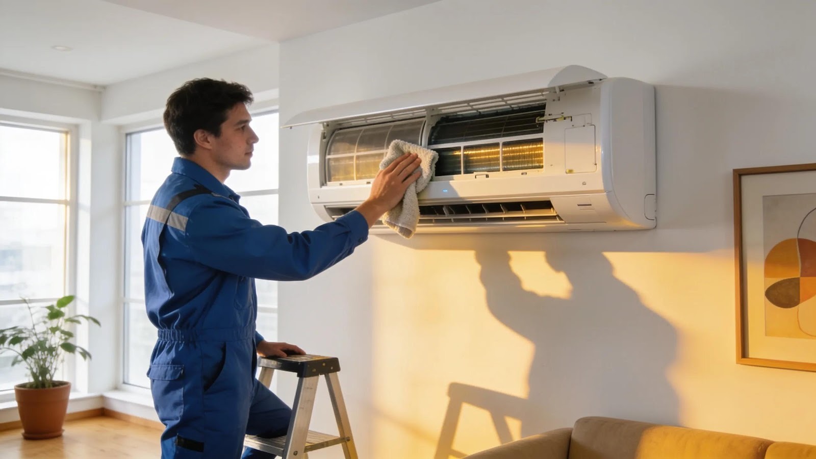 Ductless mini-split system being maintained in a modern home, highlighting the significance of regular upkeep and efficiency