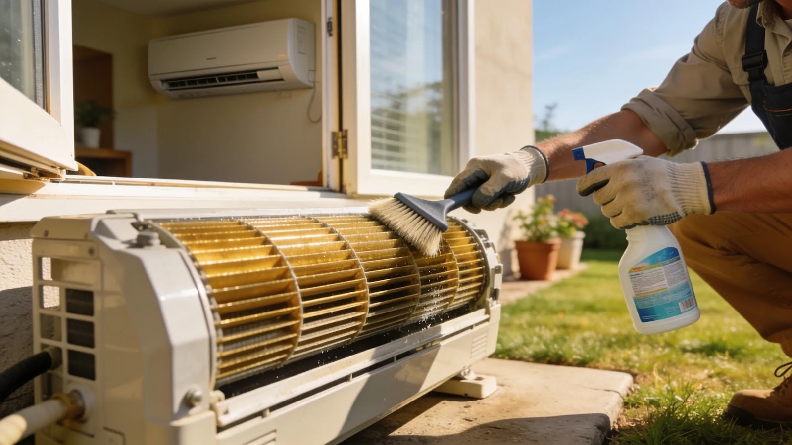 Person cleaning the coils of a ductless mini-split system, showcasing effective maintenance techniques for energy efficiency