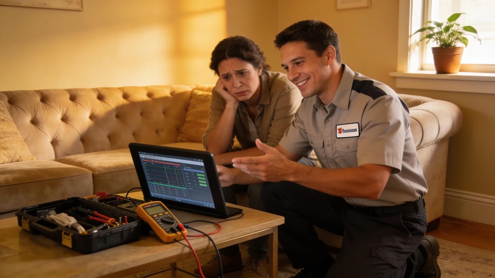 HVAC technician consulting with homeowner about system issues in a comfortable living room