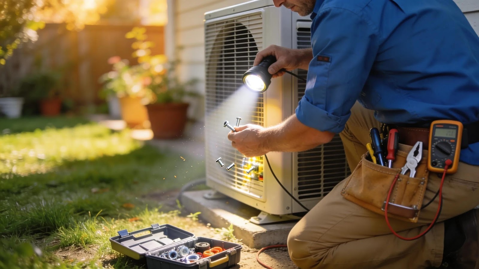 Homeowner inspecting AC unit for loose screws and components during HVAC troubleshooting