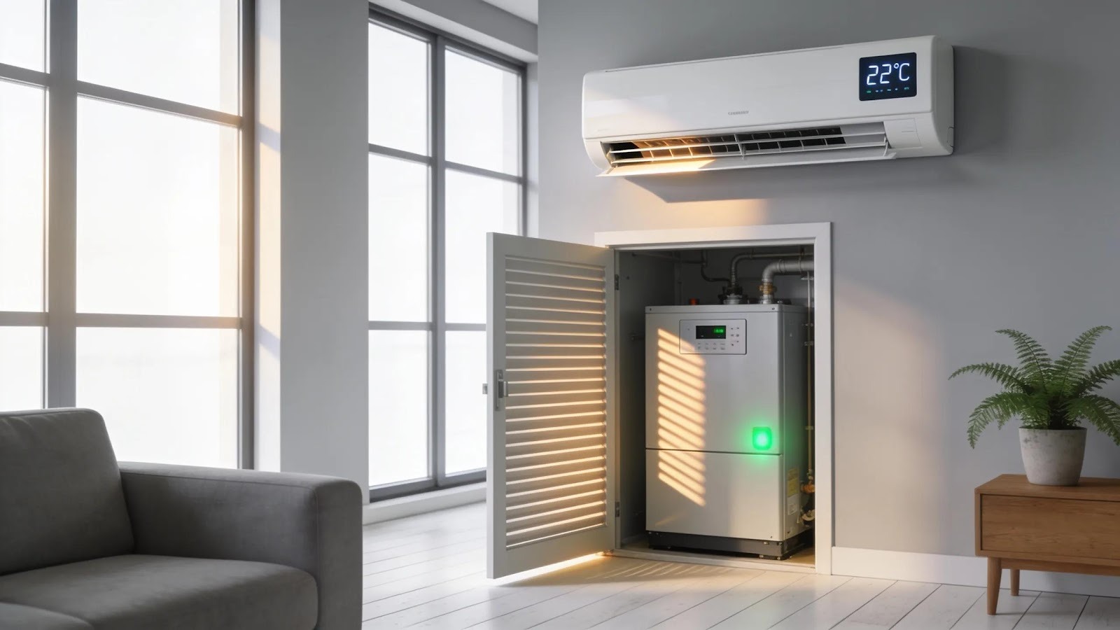 Overview of air conditioner and furnace in a modern home setting highlighting HVAC systems