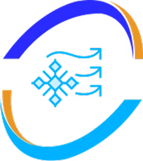 Abstract logo with blue geometric symbol and curved arrows