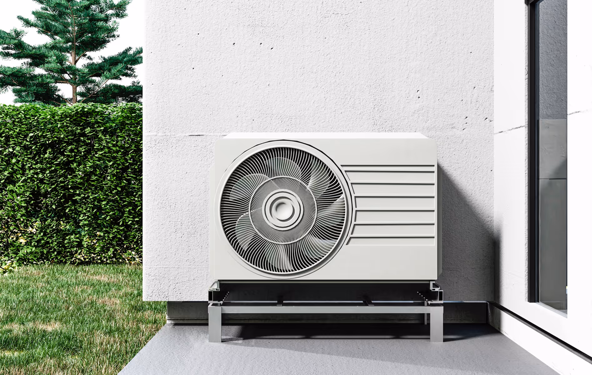 White air conditioning unit mounted on exterior wall near green hedge