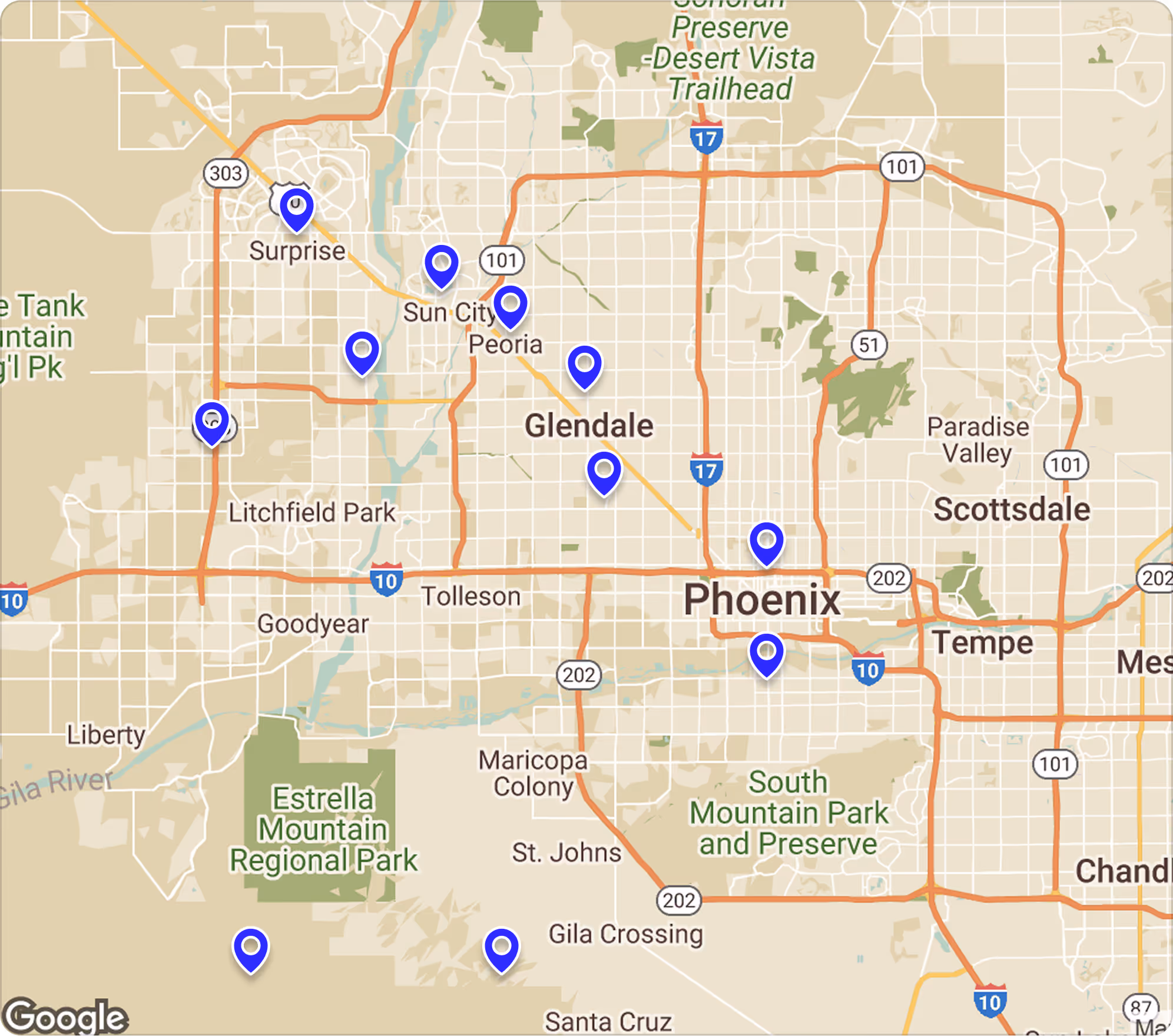 Map of Phoenix metro area with blue location pins across multiple cities