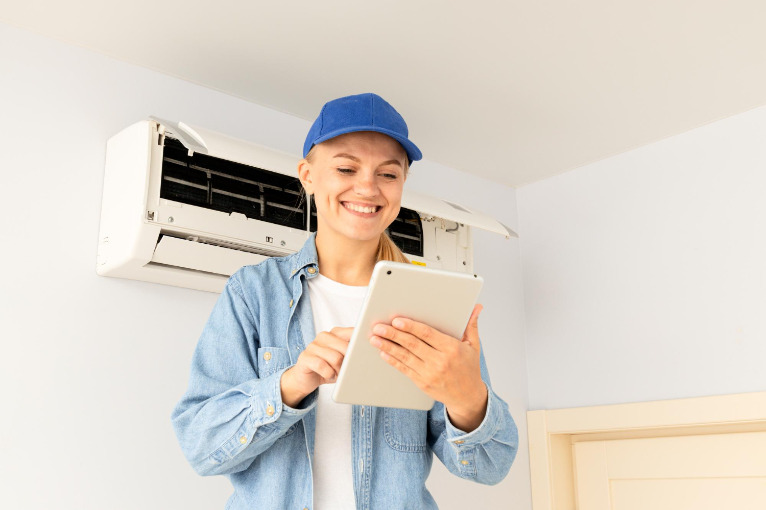 Smiling technician in blue cap checking air conditioner with tablet