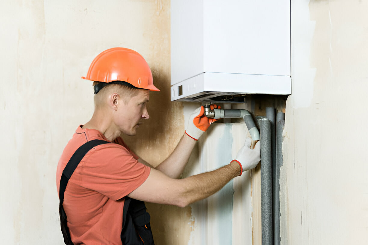Worker in orange helmet installing or repairing a white heating system