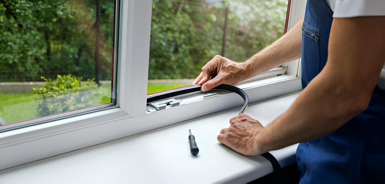 Person installing window lock with tool near green garden view