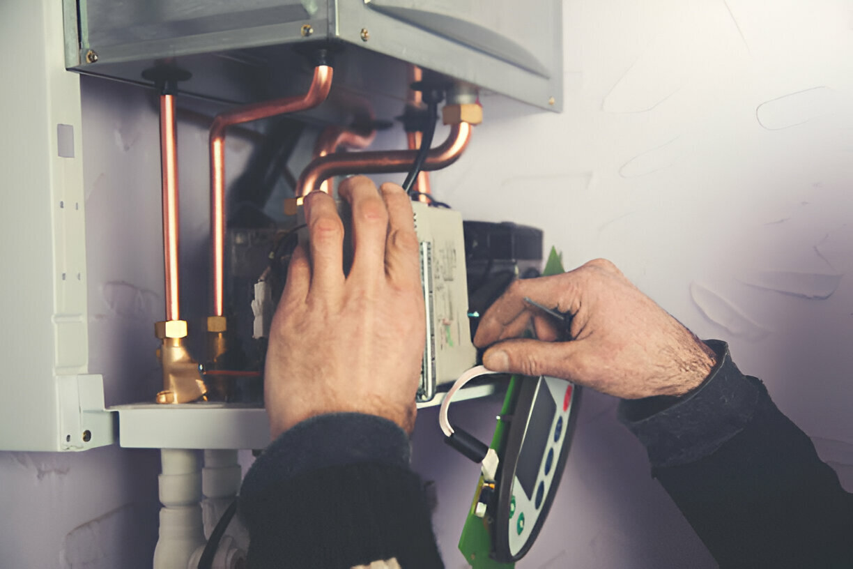 Technician working on boiler, adjusting electrical components and copper pipes