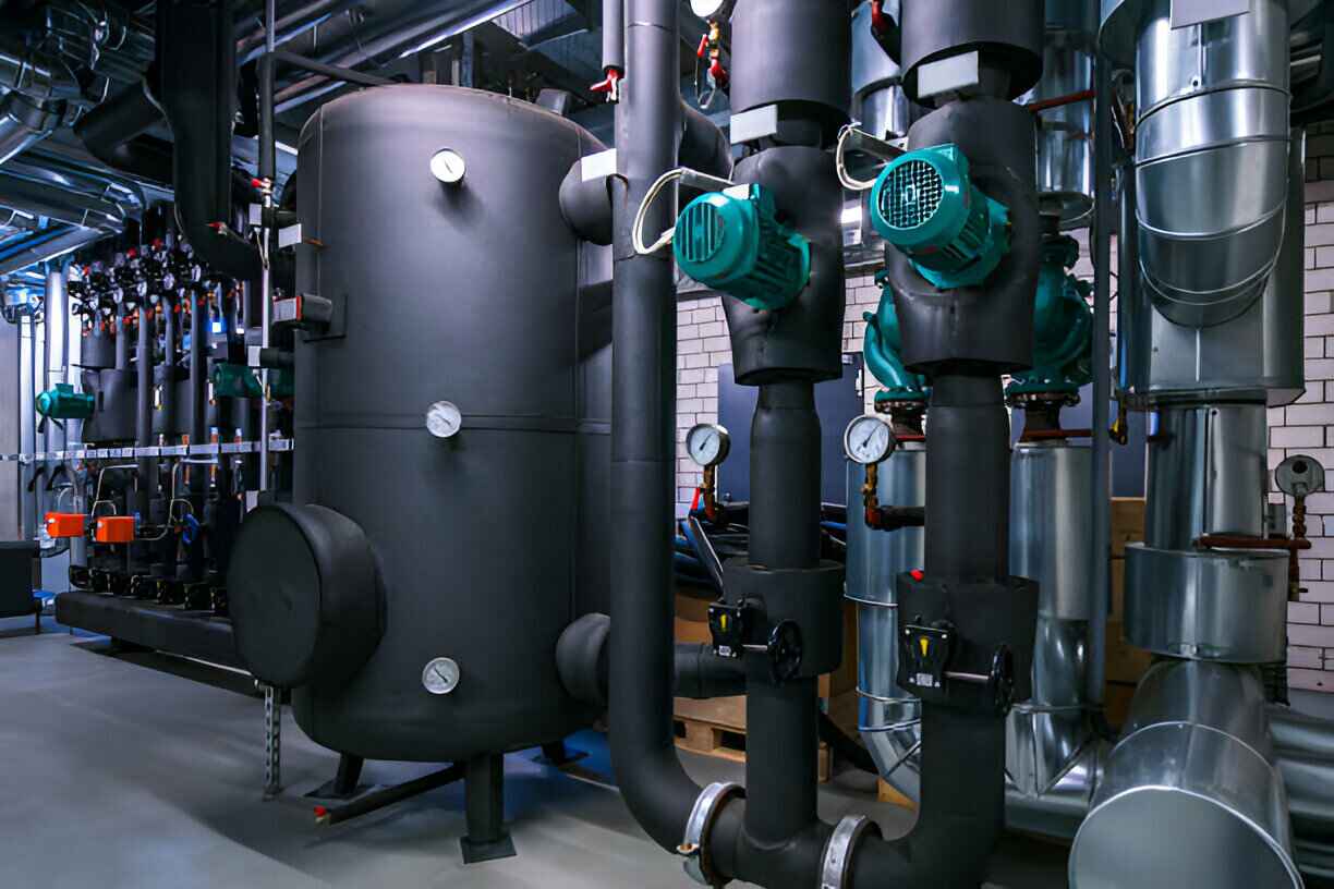 Industrial boiler room with large tanks, pipes, and teal-colored pumps