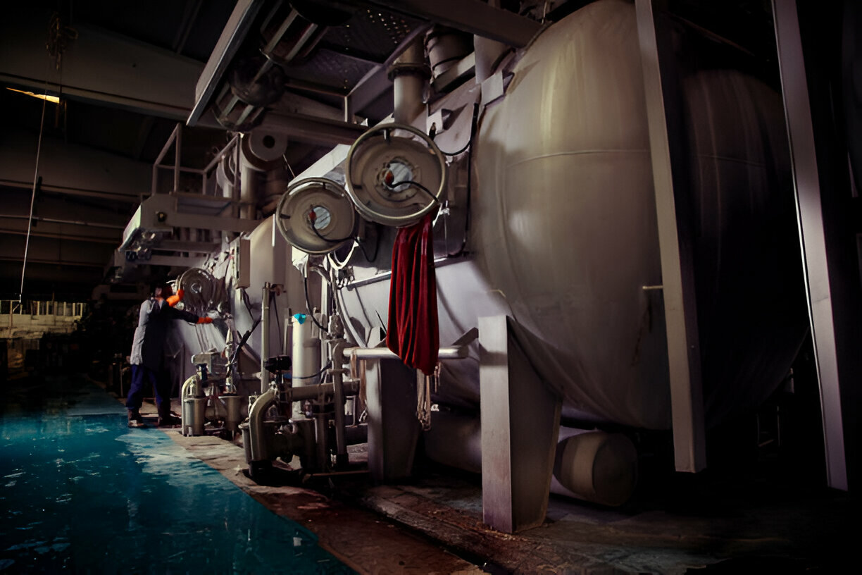 Industrial machinery with large tanks and worker in manufacturing facility