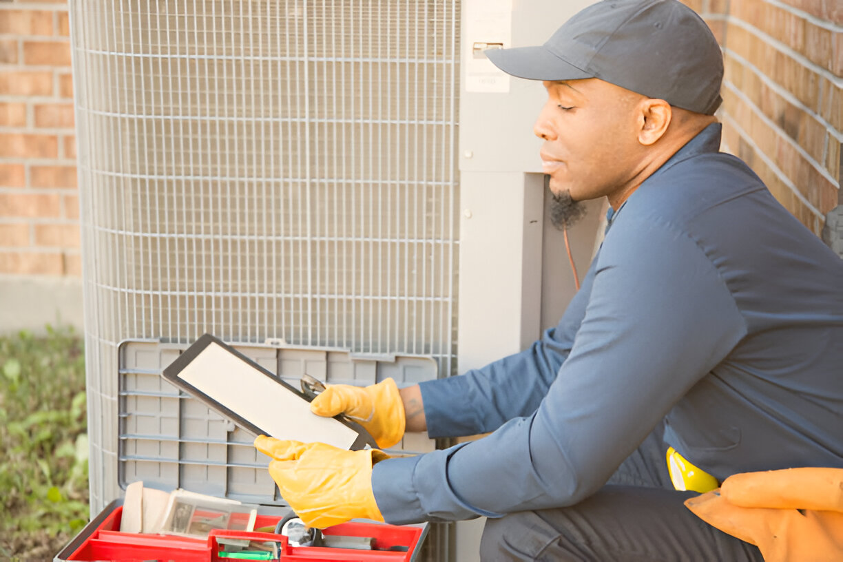 HVAC technician in blue uniform inspecting air conditioning unit outside
