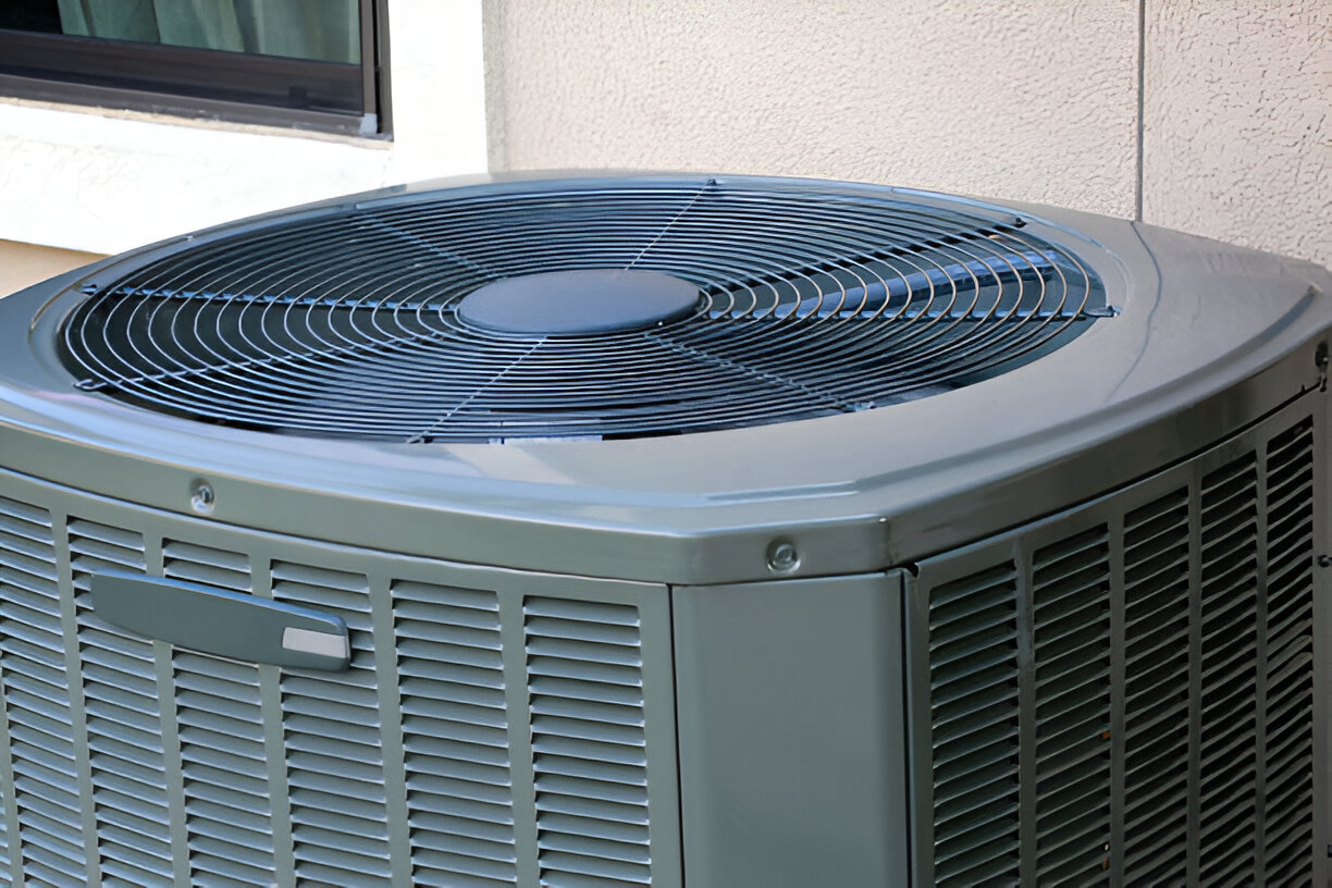 Green air conditioning unit with circular fan outside residential building