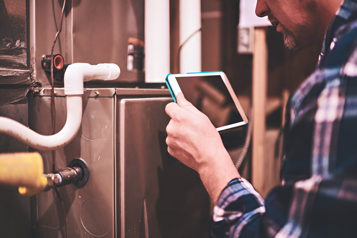 Technician using smartphone to check industrial equipment with pipes