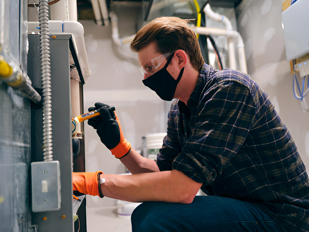 Technician in safety gear checking industrial equipment with focused precision