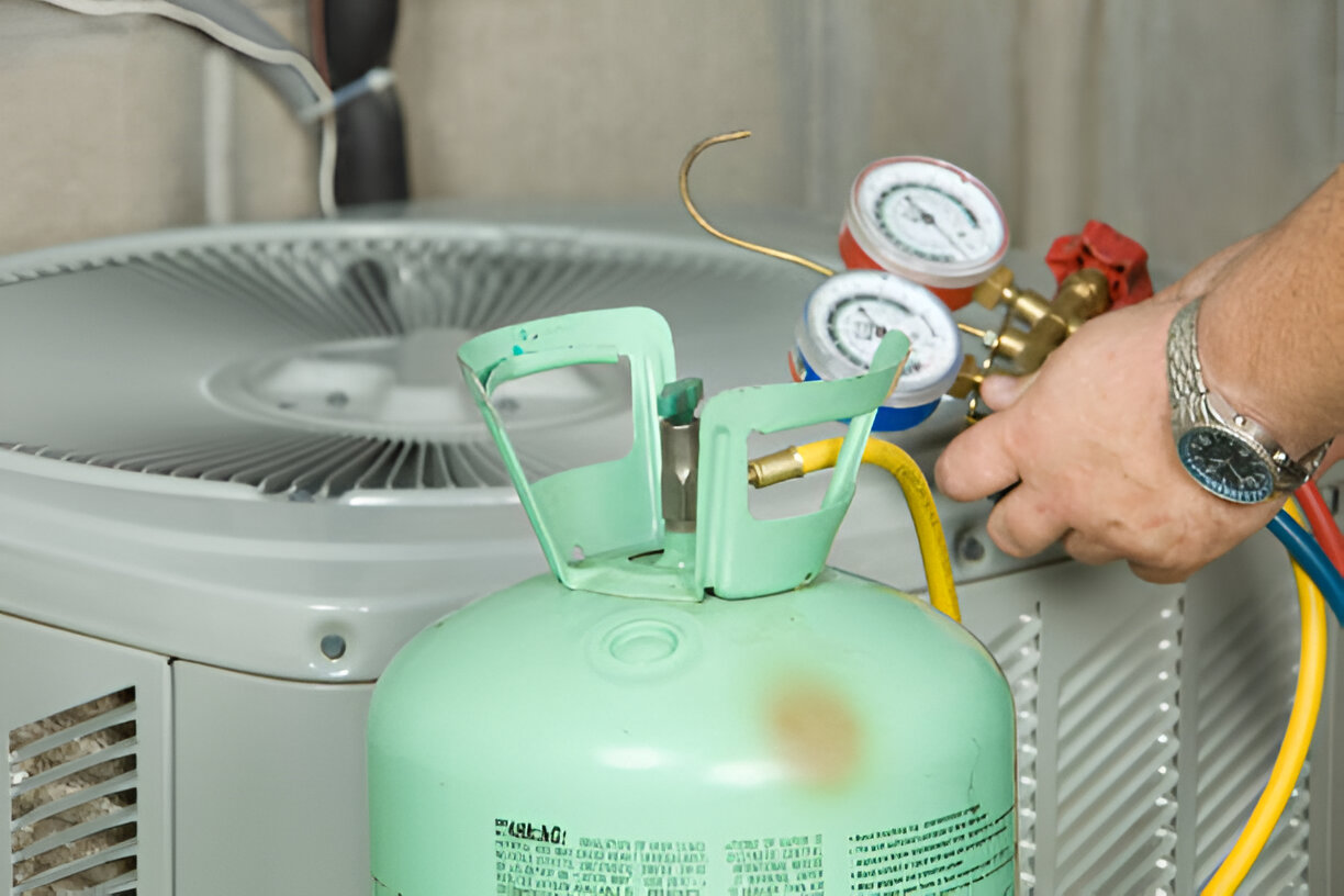 Technician checking air conditioning unit with refrigerant tank and pressure gauges