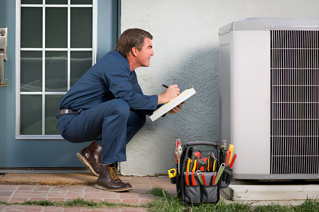 Technician inspects air conditioning unit, taking notes with tools nearby