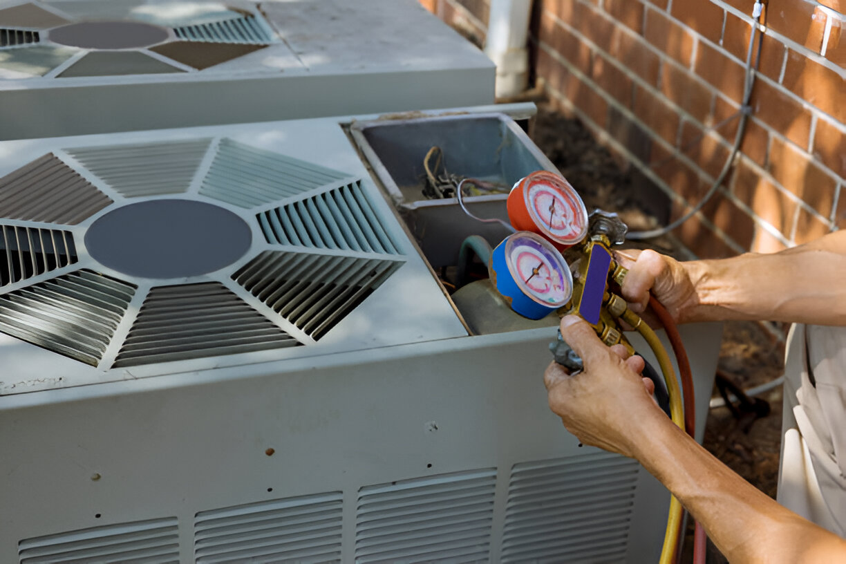 HVAC technician checking air conditioning unit with pressure gauges