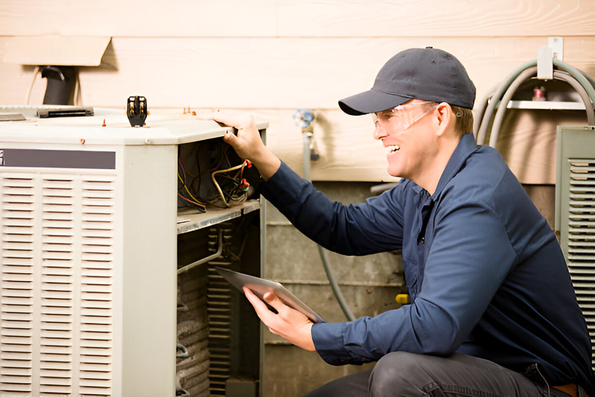 Woman adjusting air conditioning unit with remote control at home