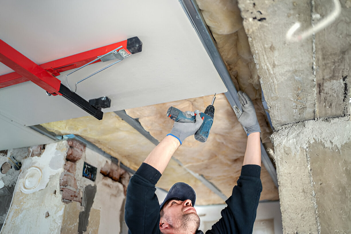 Worker installing ceiling using drill and red support beam