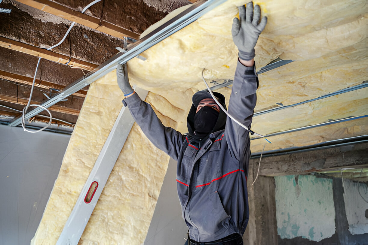 Worker installing insulation in ceiling with protective gear and ladder