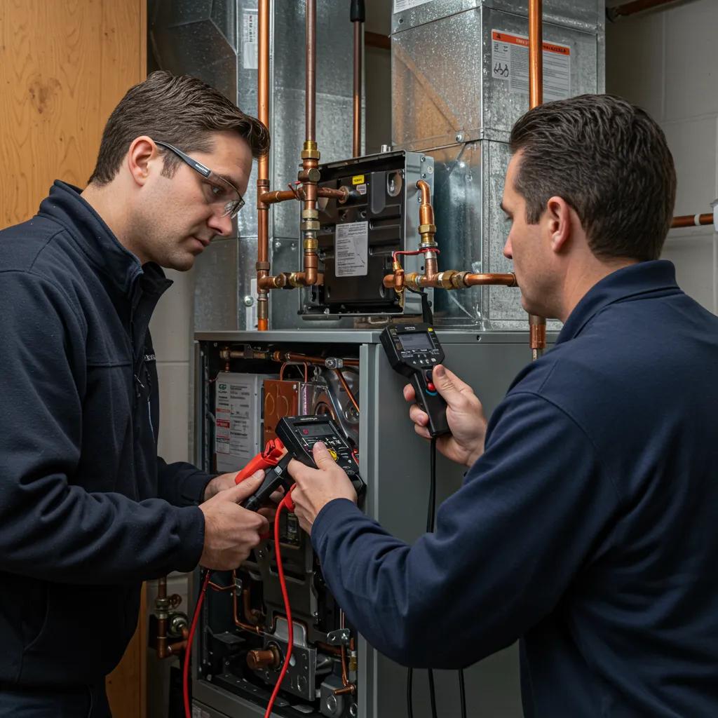 Technician inspecting a furnace during a professional tune-up, emphasizing safety and efficiency
