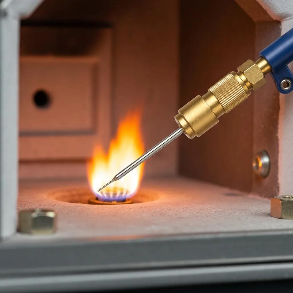 Thermocouple tip next to a pilot flame, showing the sensor’s role in keeping gas flowing
