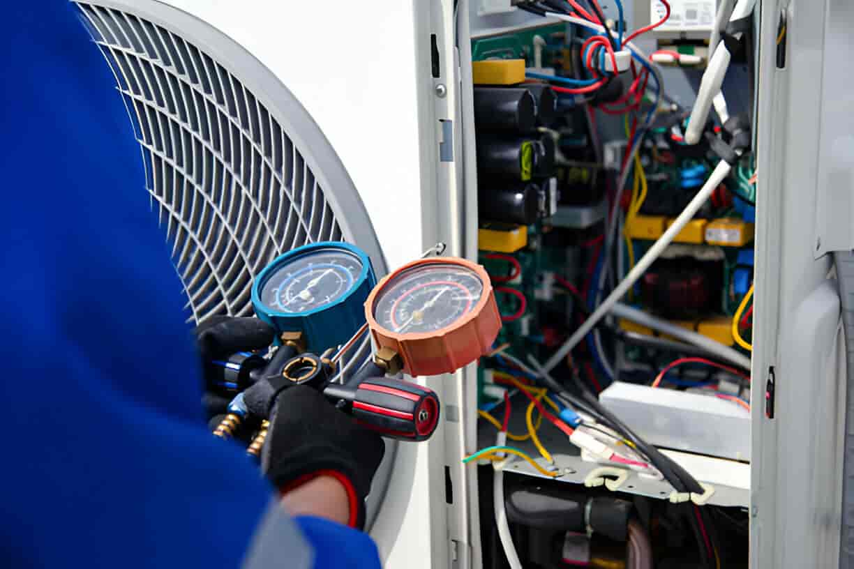 Technician checking pressure gauges inside electrical equipment panel