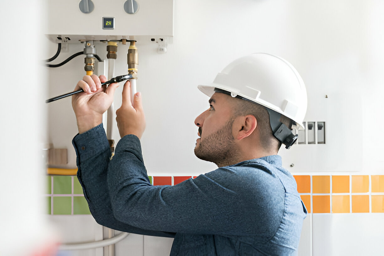 Technician in hard hat repairs plumbing pipes with wrench