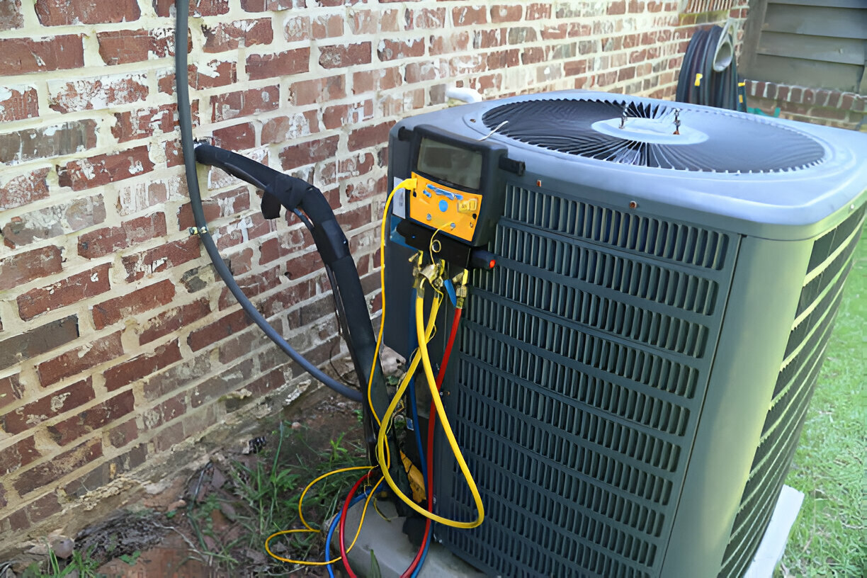 HVAC technician checking air conditioning unit with diagnostic equipment