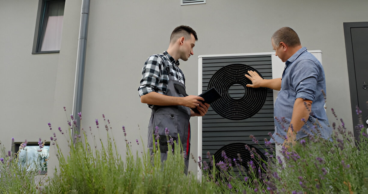 Two workers installing heat pump near lavender plants on building exterior