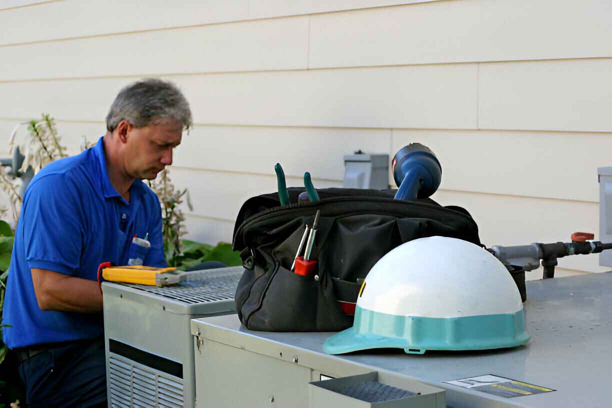 Technician working near tools, hard hat, and equipment on outdoor workstation