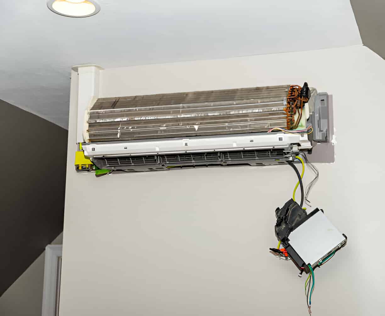 Wall-mounted air conditioner unit partially disassembled with exposed internal components