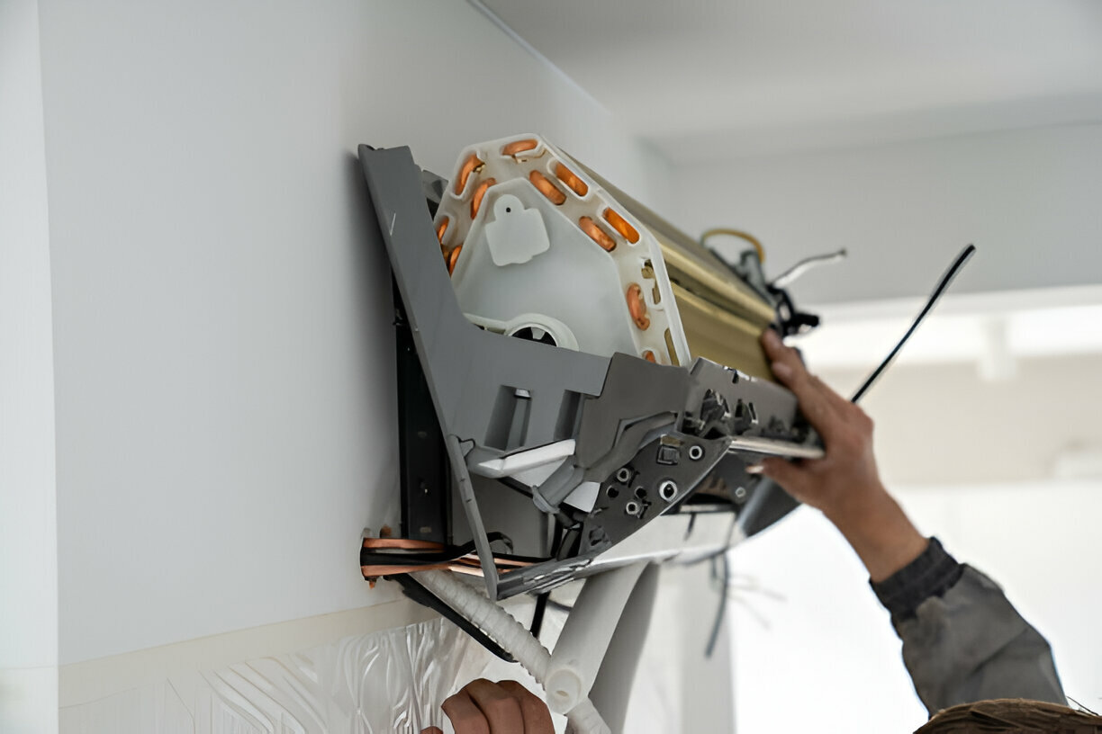 Technician installing or repairing a wall-mounted air conditioning unit