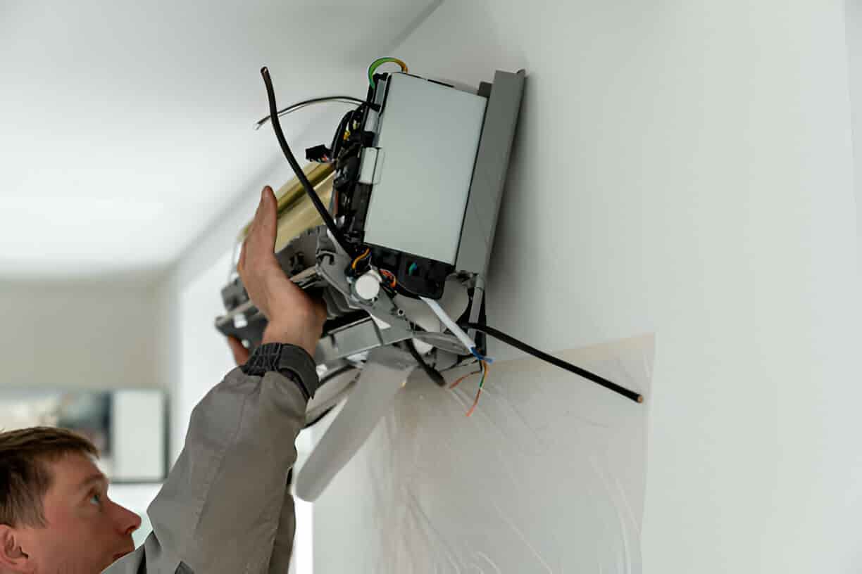 Technician installing electrical wiring and mounting device on white wall