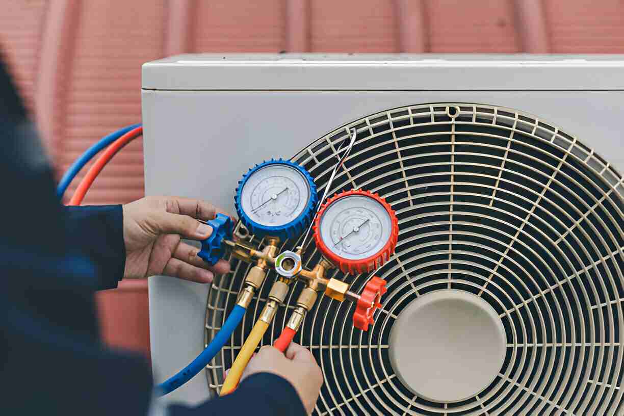 Technician checking pressure gauges on air conditioning unit