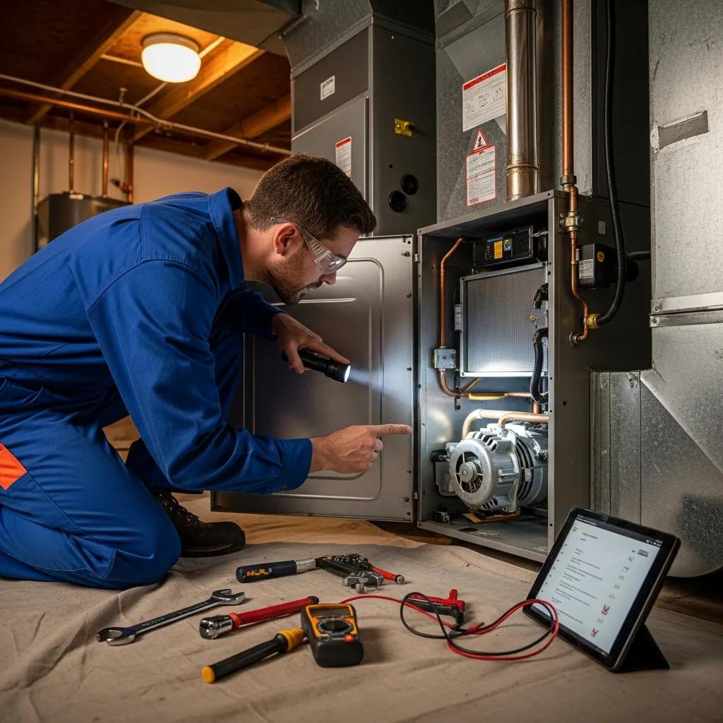 Technician checking a furnace — identifying strange noises helps find the root cause
