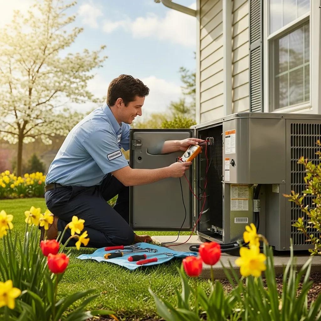 Technician performing HVAC maintenance in spring, surrounded by flowers and greenery