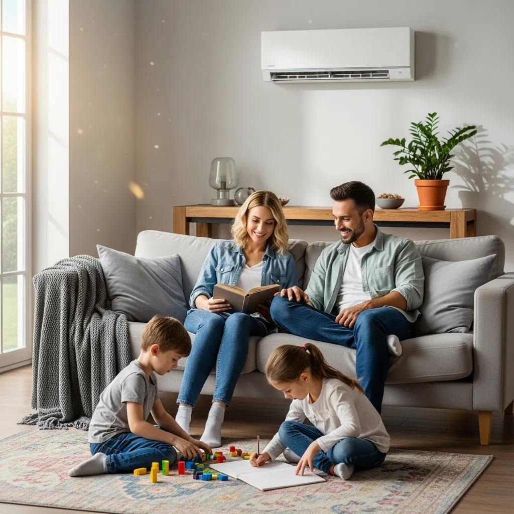 Family enjoying comfort in a well-maintained home with visible HVAC unit
