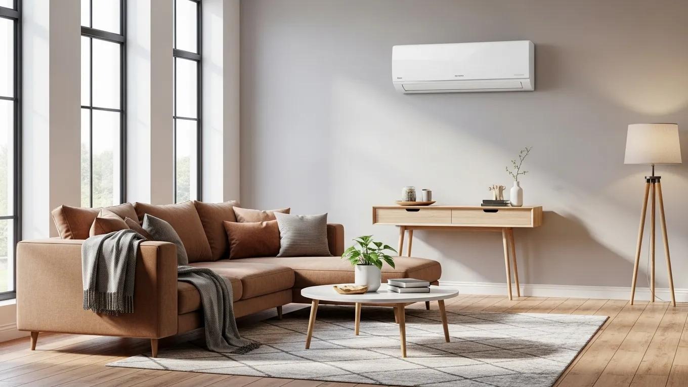 Ductless mini-split air conditioning unit in a modern living room, highlighting energy-efficient climate control