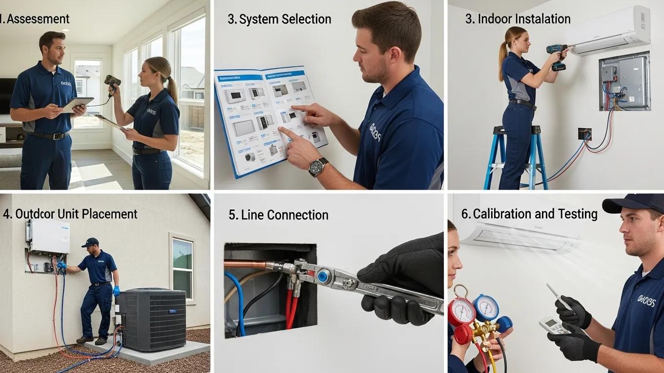 Step-by-step installation process of a ductless mini-split system, showcasing technicians at work