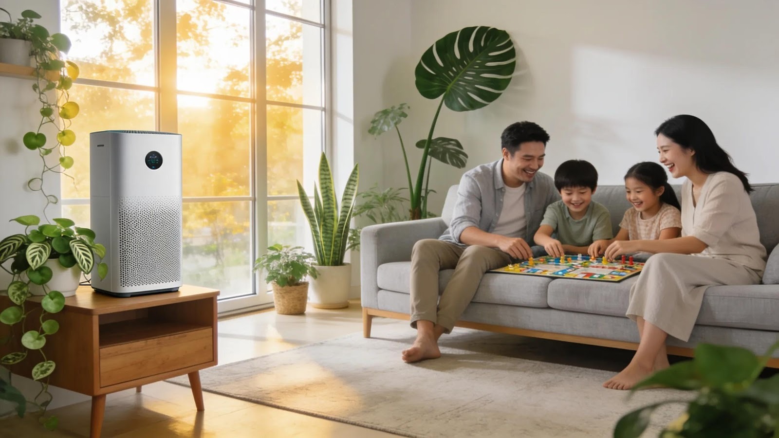 Home interior featuring an air purifier and a family enjoying a healthy lifestyle for improved indoor air quality.