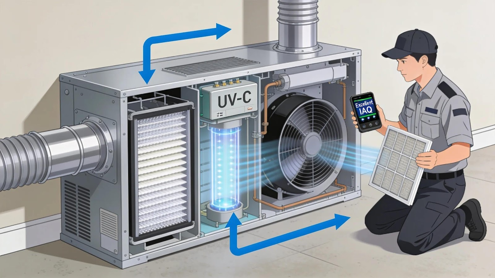 HVAC system integrated with an air purification solution, highlighting maintenance and benefits of comprehensive air quality management.
