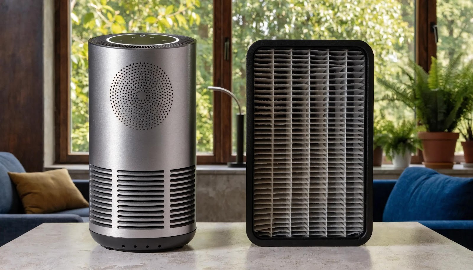 Comparison of an air purifier and an air filter in a modern home setting, emphasizing their roles in enhancing indoor air quality.
