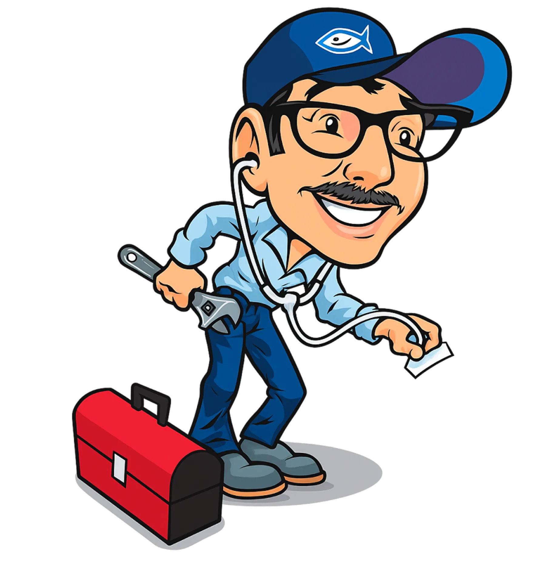 Smiling mechanic with tools and stethoscope, wearing glasses and blue cap