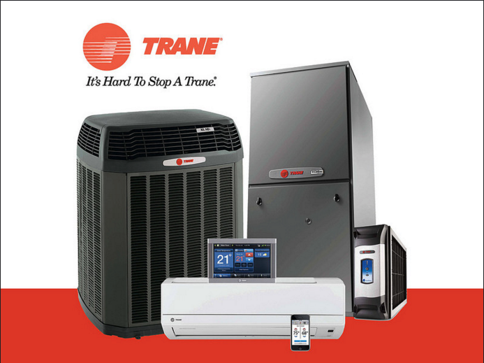 Trane heating and cooling equipment including an outdoor unit, furnace, indoor air handler, thermostat, and a mobile app interface.