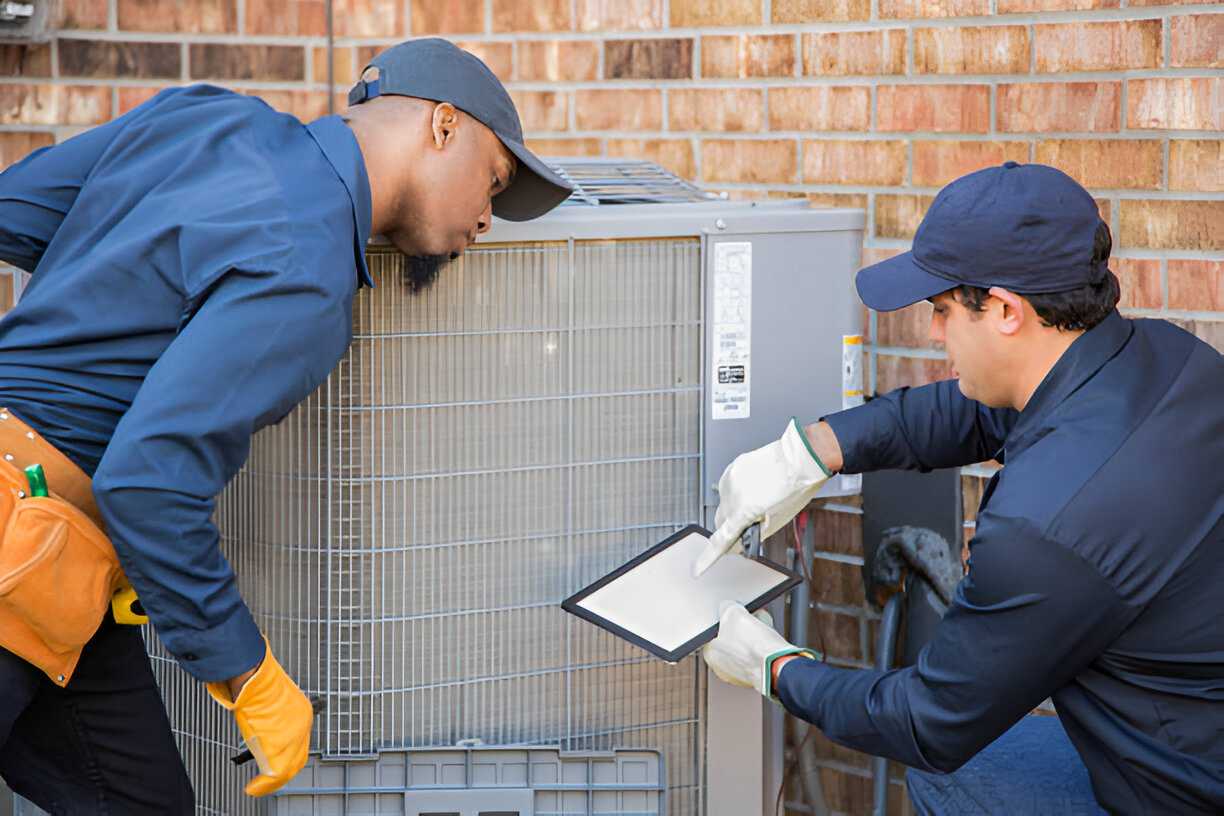 Two technicians inspecting and repairing an HVAC unit outside a brick building