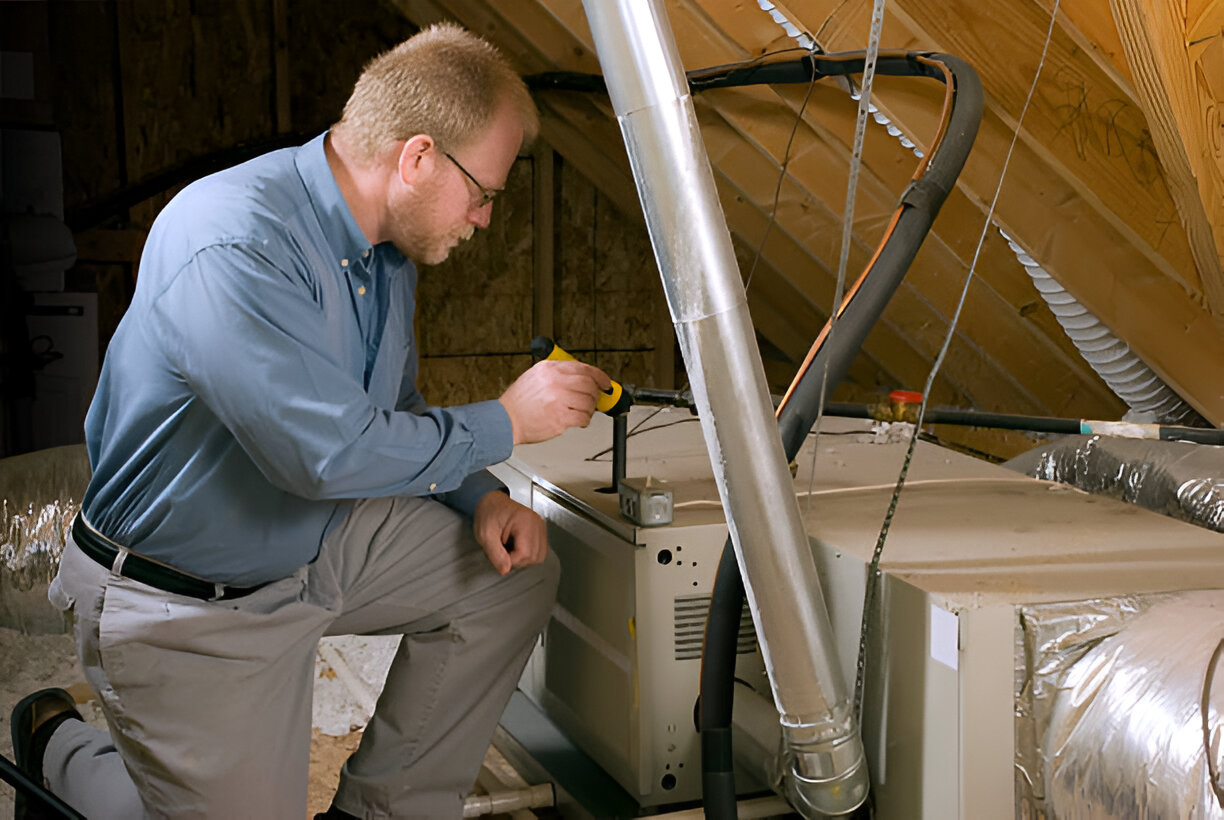 Technician inspecting HVAC system in attic with tools and equipment