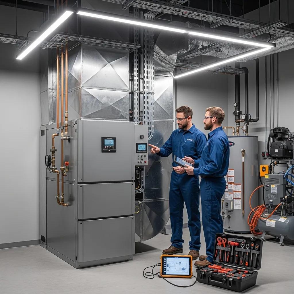 Commercial furnace being installed by HVAC technicians in a mechanical room