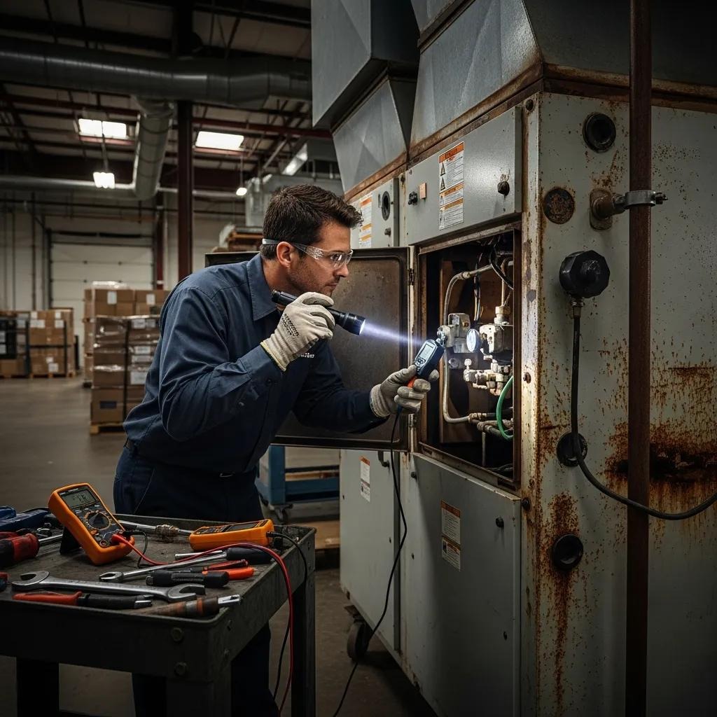 Technician checking a commercial furnace for wear and problem indicators
